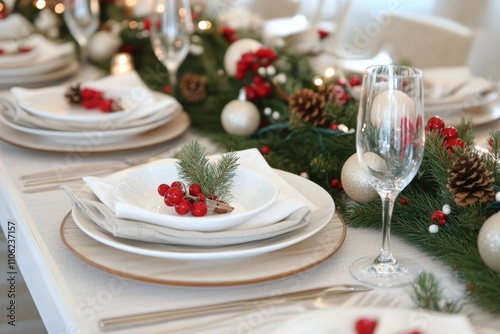 Holiday table setting with red plates and black cutlery surrounded by pine an...