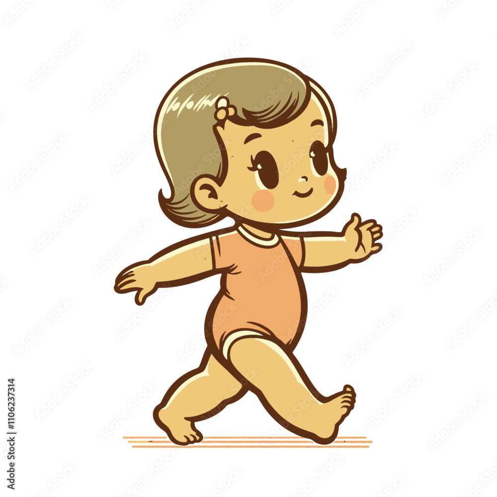Happy walking toddler illustration, isolated vector illustration, cheerful baby artwork, child-themed design concept. Happy walking toddler illustration, isolated vector illustration, cheerful baby artwork, child-themed design concept.