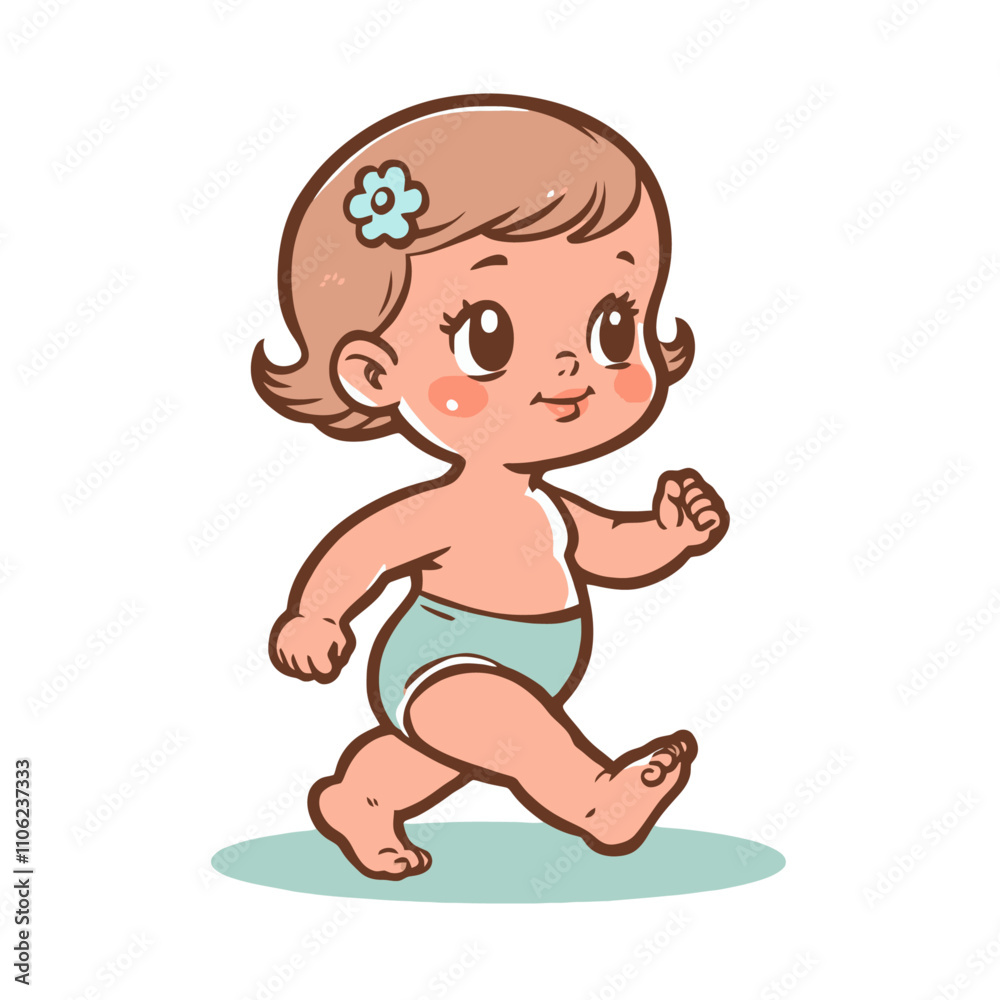 Happy walking toddler with flower clip illustration, isolated vector illustration, cute baby artwork, playful design concept. Happy walking toddler with flower clip illustration, isolated vector illustration, cute baby artwork, playful design concept.