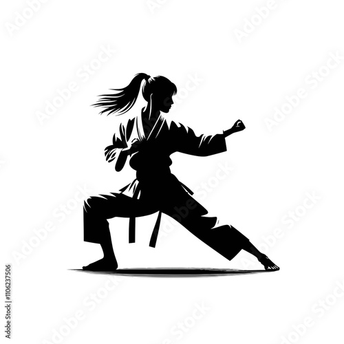 Silhouette of a female martial artist on a white background