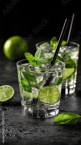Refreshing mint and lime drinks served in elegant glasses on a dark surface