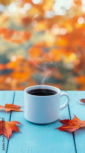 Warm coffee cup surrounded by colorful autumn leaves on vibrant blue wooden t...