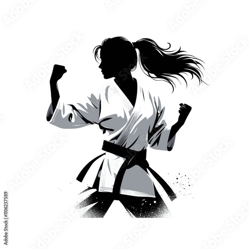 Silhouette of a female martial artist on a white background