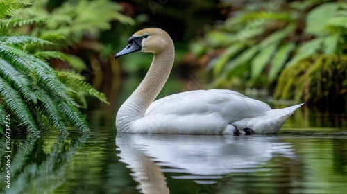 Elegant trumpeter swan gracefully swimming in a serene pond amidst lush green ferns.