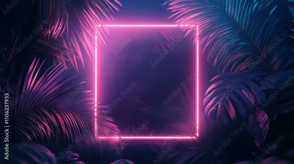 Obraz premium Neon Light Frame with Tropical Leaves, Neon, Tropical ,