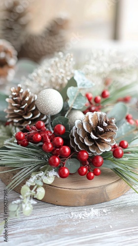 Beautiful holiday centerpiece with pinecones and red berries for festive deco...