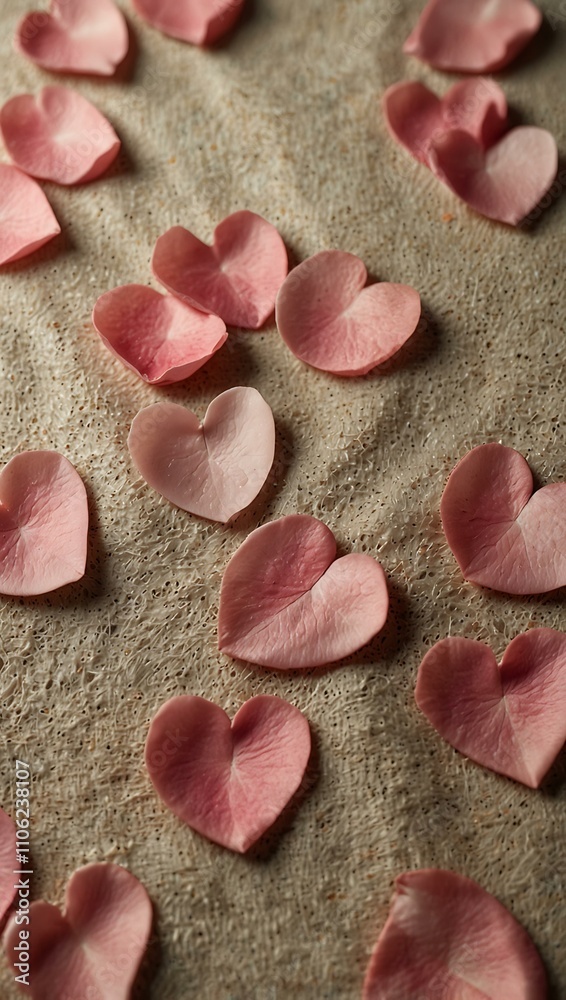 Fototapeta premium Heart-shaped soft pink rose petals on textured fabric for Valentine’s.