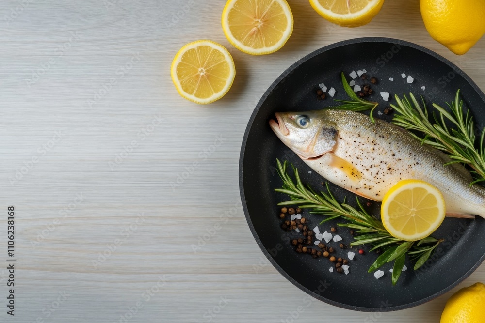 Grilled fish garnished with lemon and herbs served on a rustic table setting Grilled fish garnished with lemon and herbs served on a rustic table setting