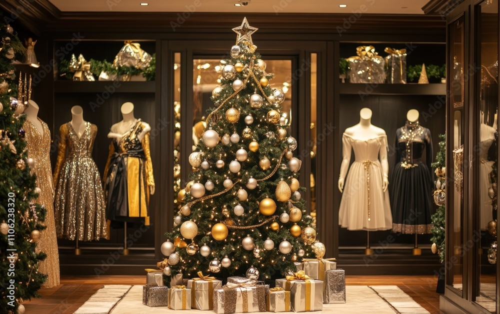 Fashion Boutique A glamorous Christmas tree with sparkling silver and gold ornaments, standing in a high-end fashion boutique surrounded by mannequins dressed in holiday outfits Fashion Boutique A glamorous Christmas tree with sparkling silver and gold ornaments, standing in a high-end fashion boutique surrounded by mannequins dressed in holiday outfits