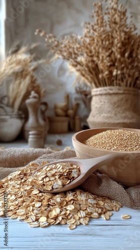 Healthy oats in a ceramic jar with a wooden spoon and decorative elements in ...