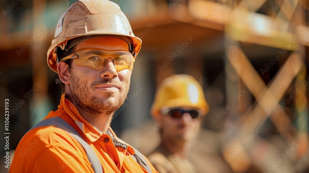 A construction worker likely a laborer standing On a building site wearing an Orange high-visibility shirt safety glasses and a hard hat with a blurred background Of scaffolding and another worker. A construction worker likely a laborer standing On a building site wearing an Orange high-visibility shirt safety glasses and a hard hat with a blurred background Of scaffolding and another worker.
