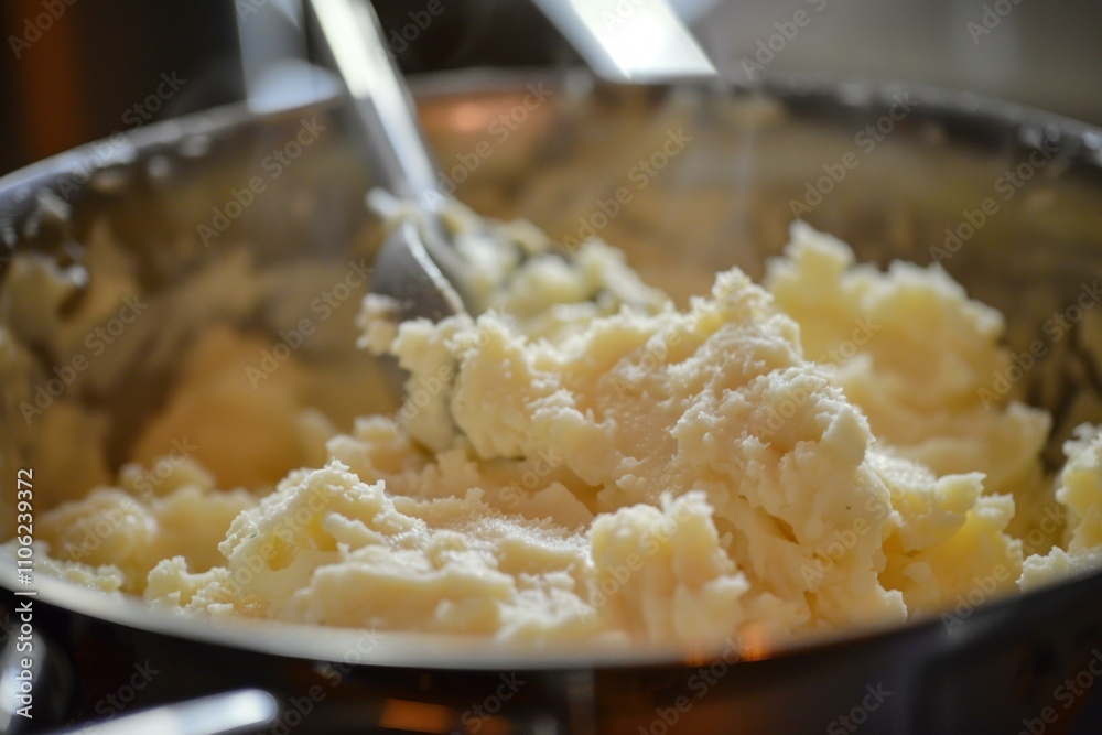 Chef mixing mashed potatoes in stainless steel pot with utensil Chef mixing mashed potatoes in stainless steel pot with utensil