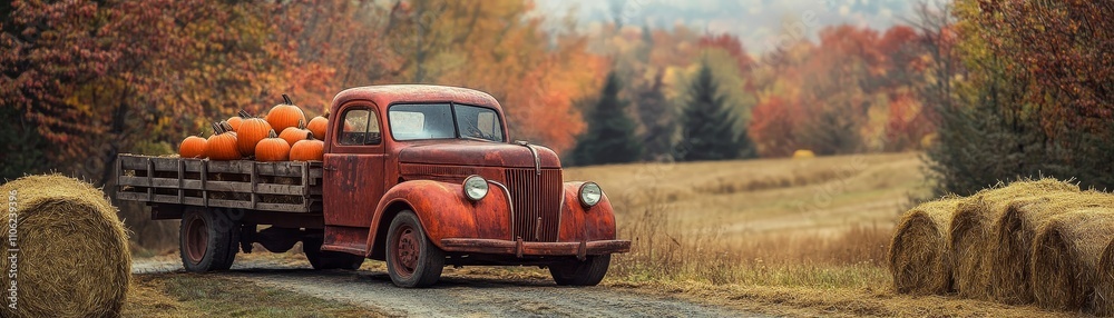 Rustic Autumn Truck with Pumpkins, Hay Bales, Fall Colors, Countryside, Vintage ,truck, fall Rustic Autumn Truck with Pumpkins, Hay Bales, Fall Colors, Countryside, Vintage ,truck, fall