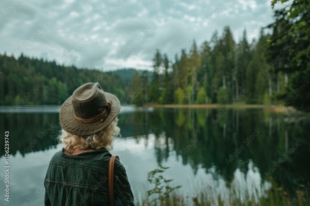 Woman wearing hat enjoying the view of a mountain lake and forest reflecting in the water Woman wearing hat enjoying the view of a mountain lake and forest reflecting in the water