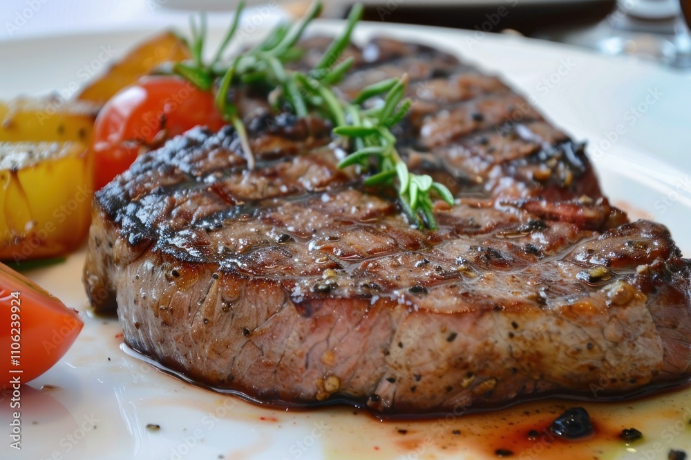 Grilled beef steak with rosemary and roasted vegetables on white plate Grilled beef steak with rosemary and roasted vegetables on white plate