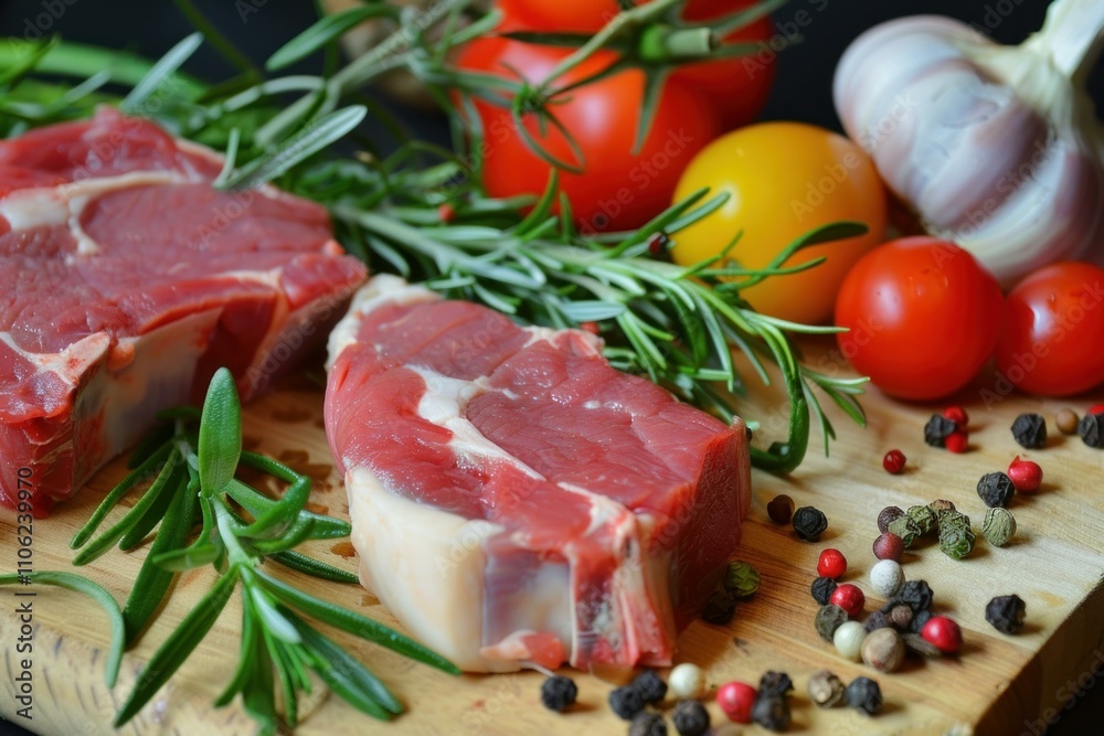 Raw lamb steaks with rosemary, tomatoes, garlic, and peppercorns on cutting board Raw lamb steaks with rosemary, tomatoes, garlic, and peppercorns on cutting board
