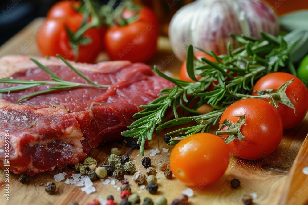 Raw beef steak with tomatoes, rosemary and spices on wooden board Raw beef steak with tomatoes, rosemary and spices on wooden board