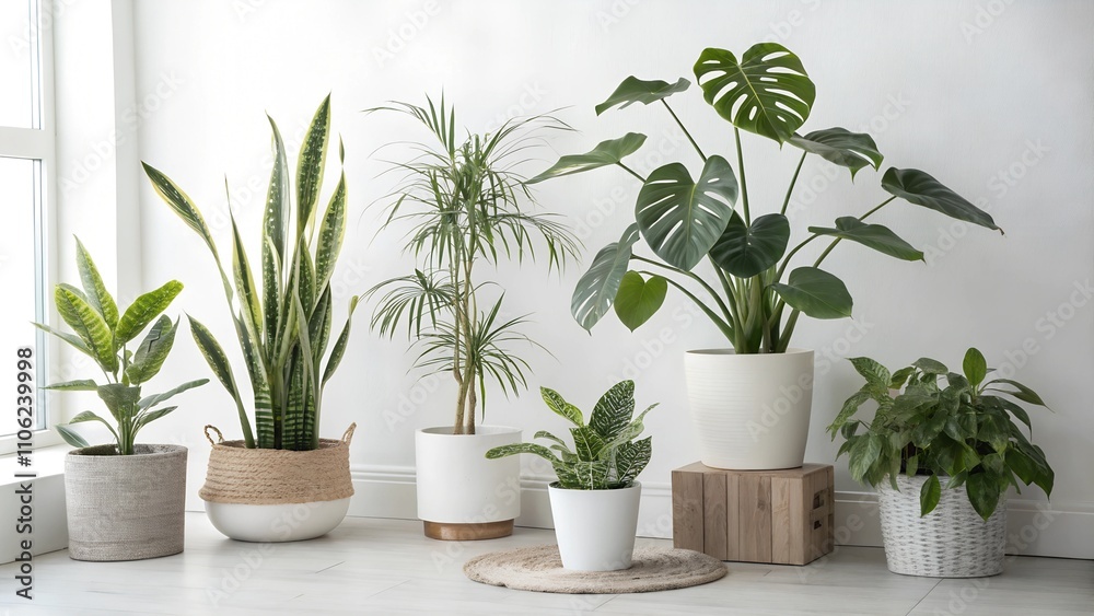 Fototapeta premium Group of assorted houseplants in white pots on a table