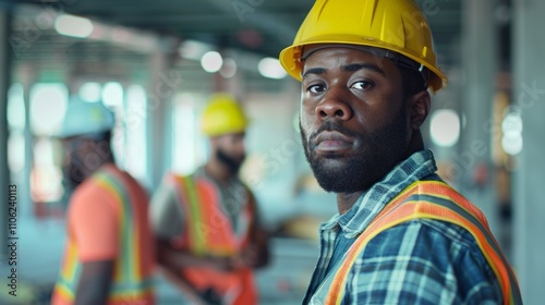 A young black man in a yellow hard hat and Orange safety vest looks over his shoulder in a construction site.