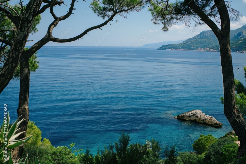 Coastline of the adriatic sea framed by maritime pines in brela, croatia Coastline of the adriatic sea framed by maritime pines in brela, croatia