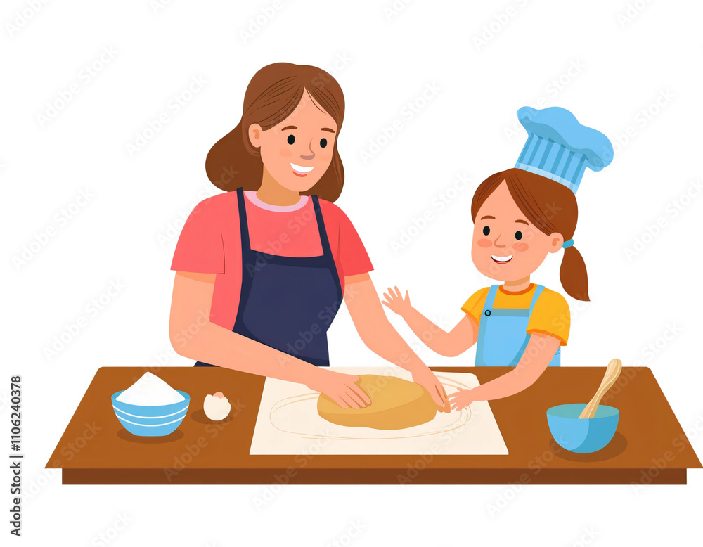 Mother and daughter bonding while kneading dough, transparent background Mother and daughter bonding while kneading dough, transparent background