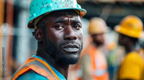 A portrait Of a Black construction worker in a hard hat and safety vest with a blurred background Of Other workers.