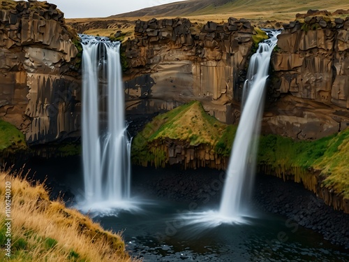 Hengifoss waterfall with basalt columns, Iceland. photo