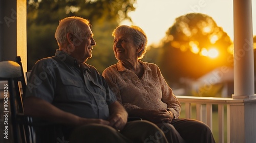 Elderly couple sitting on porch swing at sunset, enjoying their retirement.