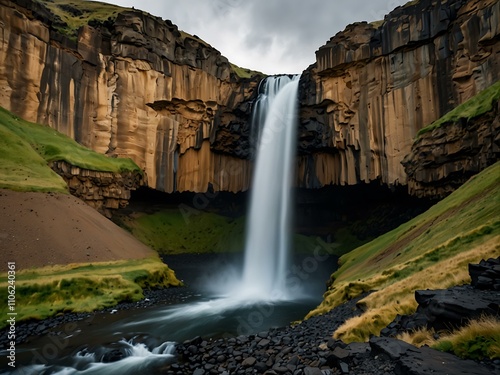 Hengifoss waterfall with basalt columns, Iceland. photo