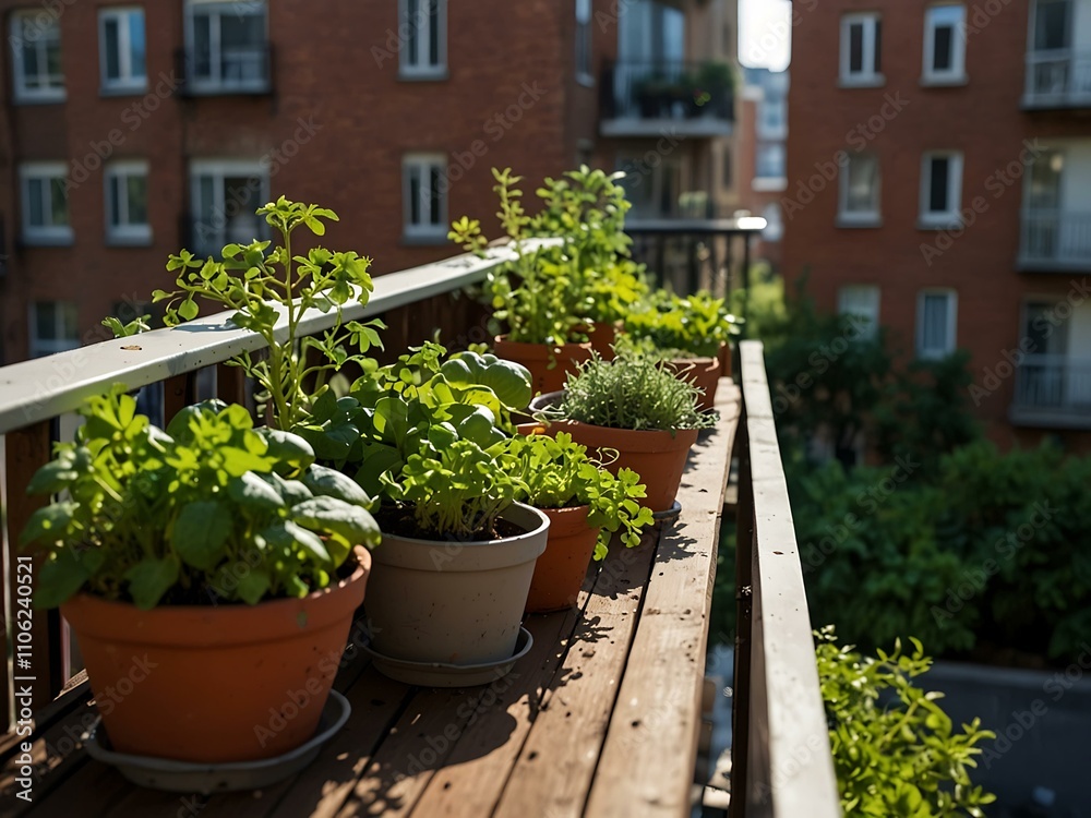 Herbs and vegetables on an apartment balcony, promoting urban gardening.