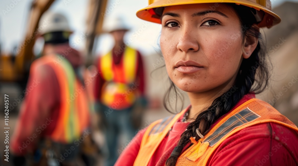 Naklejka premium A close-up shot Of a woman in a hard hat and Orange safety vest with a blurred construction site in the background.