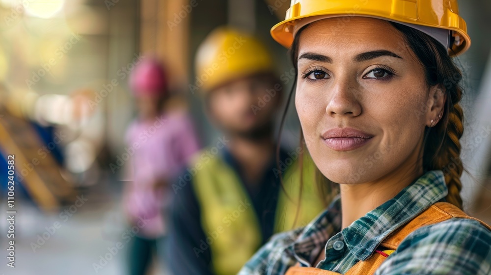 The image depicts a woman and two men in construction attire with the woman in focus and the men blurred in the background. The image depicts a woman and two men in construction attire with the woman in focus and the men blurred in the background.