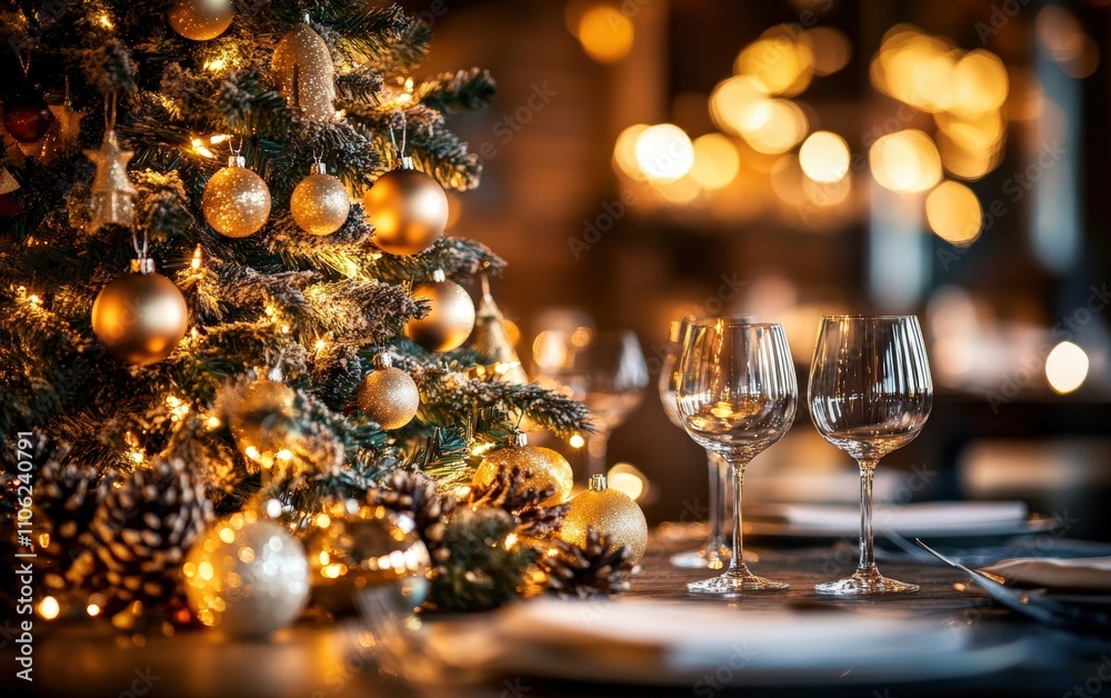 Fine Dining Tree An elegant Christmas tree with wine glass ornaments, silver cutlery garlands, and luxurious golden lights, set in a high-end restaurant Fine Dining Tree An elegant Christmas tree with wine glass ornaments, silver cutlery garlands, and luxurious golden lights, set in a high-end restaurant