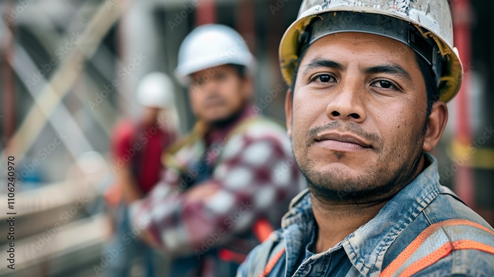 A construction worker in a hard hat and denim jacket with orange reflective stripes posing in front Of a blurred background Of construction workers and scaffolding. A construction worker in a hard hat and denim jacket with orange reflective stripes posing in front Of a blurred background Of construction workers and scaffolding.