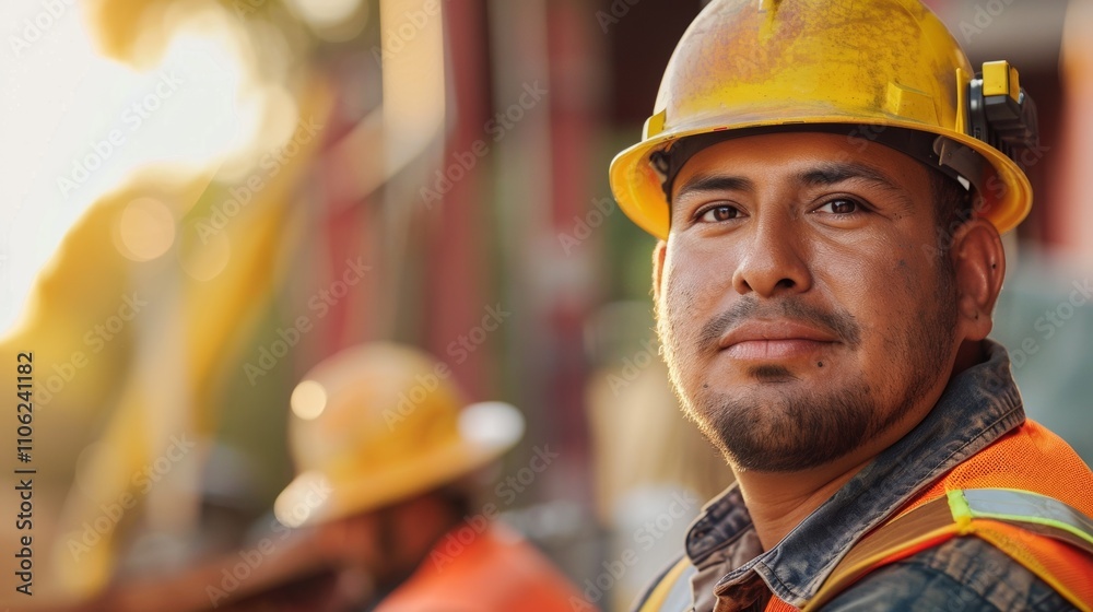 A construction worker in a yellow hard hat and orange safety vest looks at the camera. A construction worker in a yellow hard hat and orange safety vest looks at the camera.
