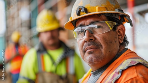 A construction worker wearing an orange hard hat and vest looks over his shoulder at the camera.