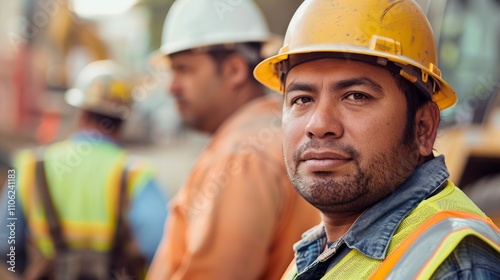 A man in a yellow hard hat and safety vest with Other workers in the background likely On a construction site.