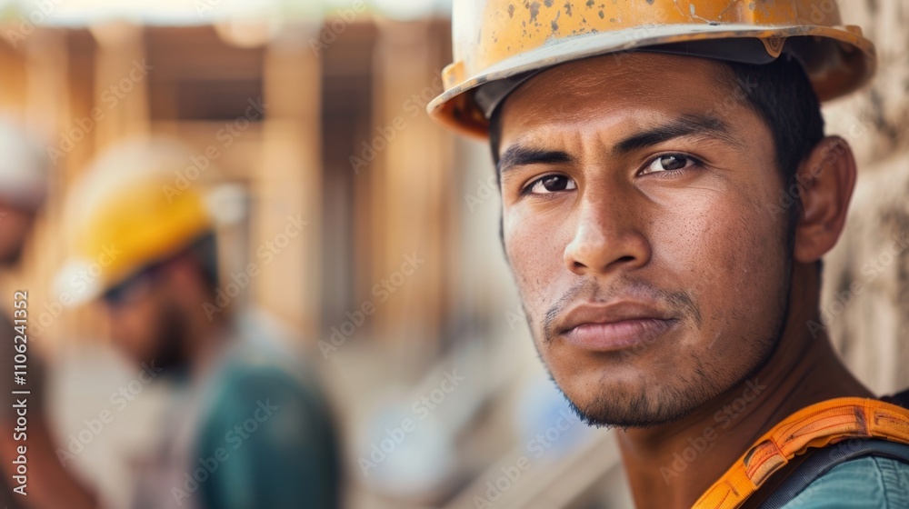 A construction worker with a dirty face and a yellow hard hat set against a blurred background Of two Other workers. A construction worker with a dirty face and a yellow hard hat set against a blurred background Of two Other workers.