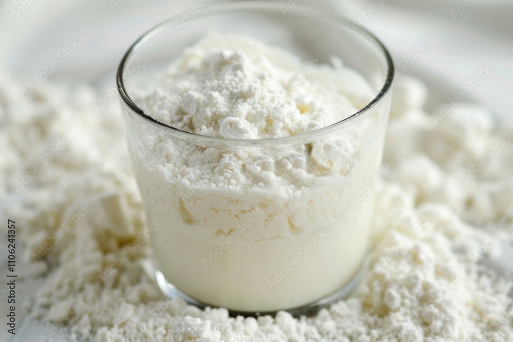 Glass of milk with protein powder forming a white paste Glass of milk with protein powder forming a white paste