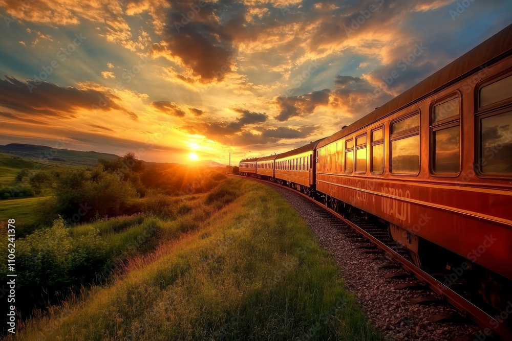 Sunset Train Journey: Rural Landscape, Golden Hour, Railroad Tracks Sunset Train Journey: Rural Landscape, Golden Hour, Railroad Tracks
