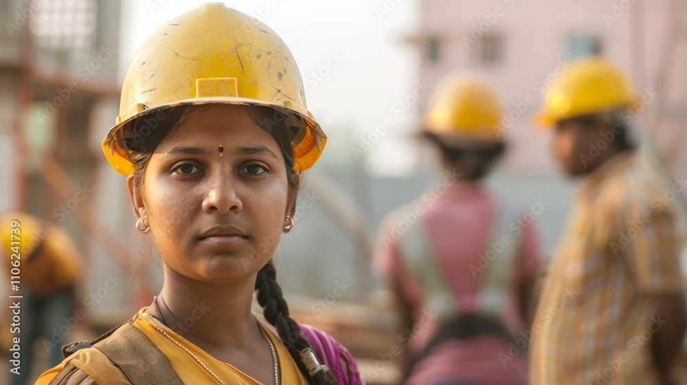 The image depicts a woman in a yellow hard hat with a blurred background Of construction workers. The image depicts a woman in a yellow hard hat with a blurred background Of construction workers.