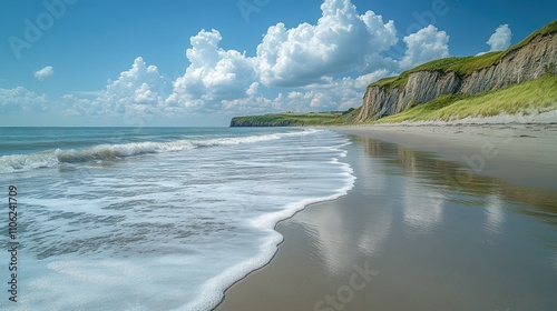 Serene Beach with Gentle Waves and Green Cliffs Under Blue Sky