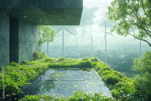 Futuristic Energy Hub Enveloped in Lush Greenery and Wind Turbines