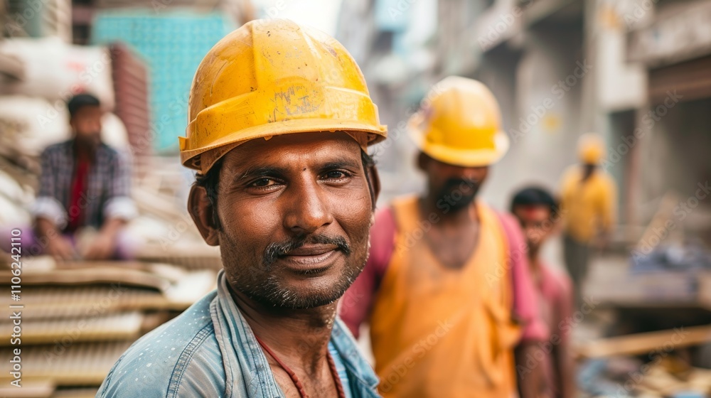 The image depicts a man in a yellow hard hat with a blurred background Of construction workers and wooden planks. The image depicts a man in a yellow hard hat with a blurred background Of construction workers and wooden planks.