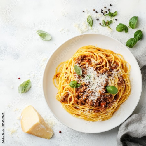 Pumpkin and  Beef Bolognese Spaghetti Pasta with grated parmesan cheese. Homemade spaghetti pumpkin and meat pasta on white background, top view, copy space. Seasonal comfort autumn food. photo