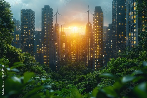 Futuristic Energy Hub Surrounded by Greenery at Sunset