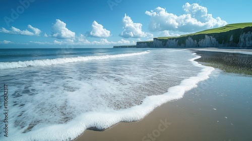 Serene Beach View with Gentle Waves and Green Cliffs Under Blue Sky
