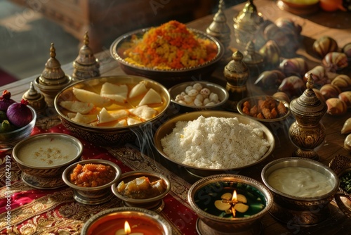 Steaming hot indian dishes served on ornate table setting