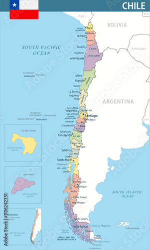 Chile Map Vector New 2024 Colorful - Customizable layered political map of Chile with administrative divisions for website, education, reports, news, politics, print, poster and wallpaper