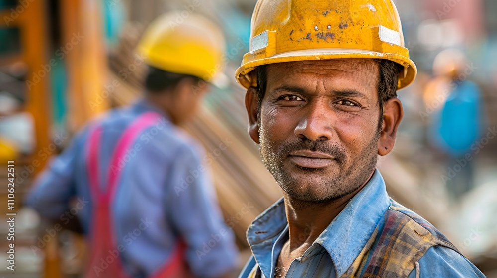 Portrait Of an Indian construction worker with a blurred background. Portrait Of an Indian construction worker with a blurred background.